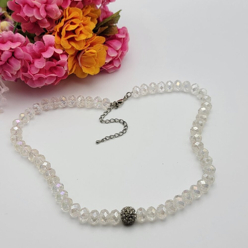 Vintage Art Deco Clear Crystal Rondelle Beaded Necklace Silver Tone 21 Inch Adj.